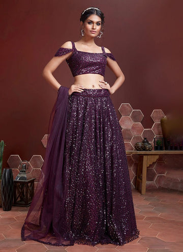Wine Color Soft Net Party Wear Lehenga Design With Sequence Work